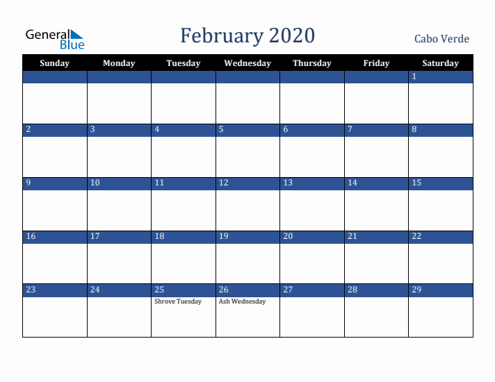 February 2020 Cabo Verde Calendar (Sunday Start)