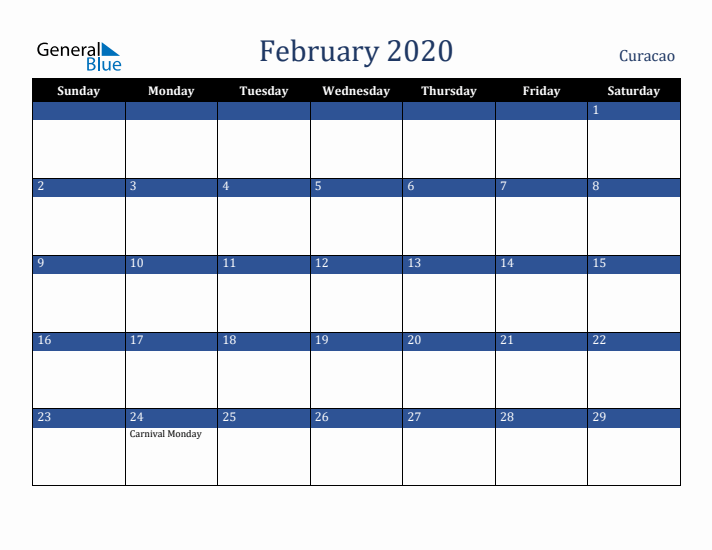 February 2020 Curacao Calendar (Sunday Start)