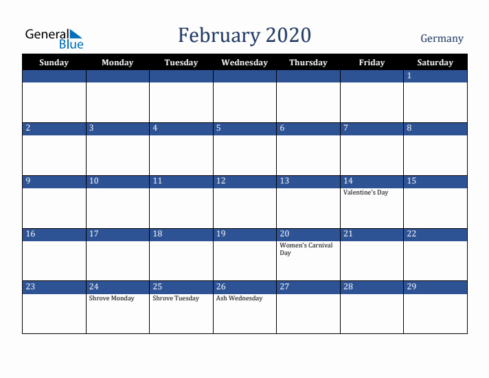 February 2020 Germany Calendar (Sunday Start)