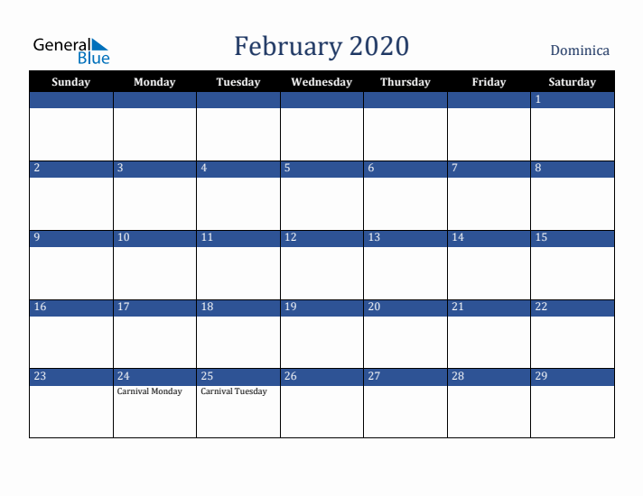 February 2020 Dominica Calendar (Sunday Start)