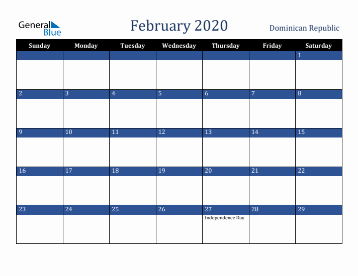 February 2020 Dominican Republic Calendar (Sunday Start)
