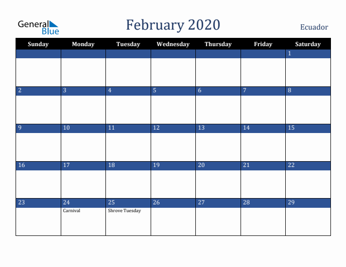 February 2020 Ecuador Calendar (Sunday Start)