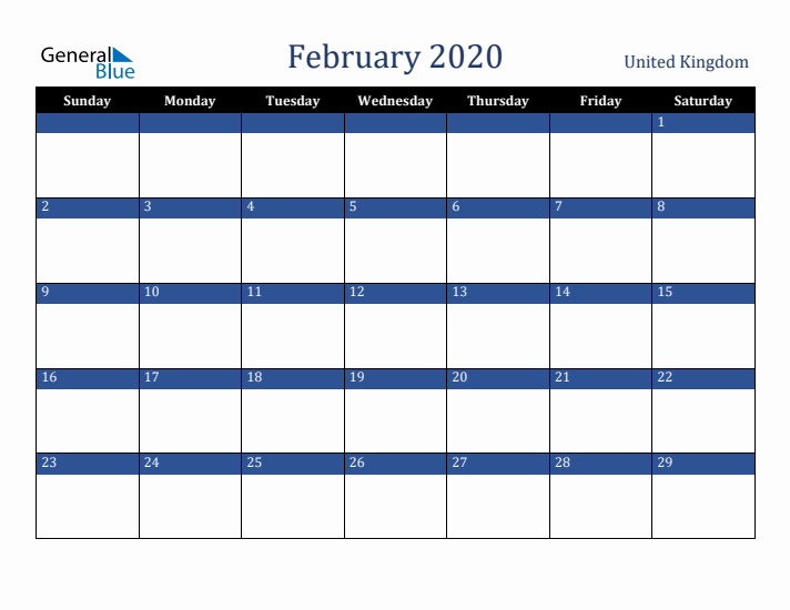 February 2020 United Kingdom Calendar (Sunday Start)