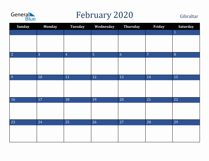 February 2020 Gibraltar Calendar (Sunday Start)