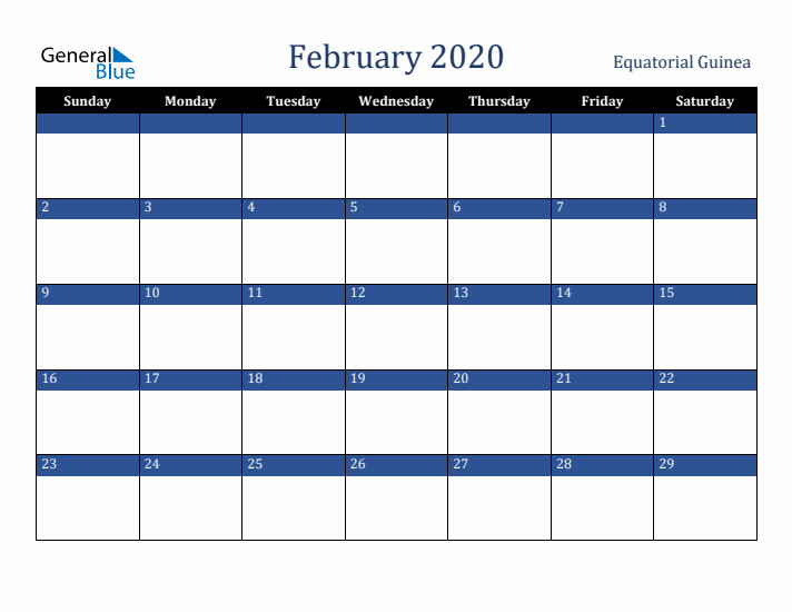 February 2020 Equatorial Guinea Calendar (Sunday Start)