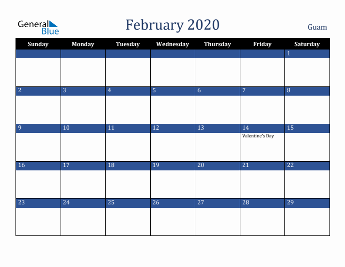 February 2020 Guam Calendar (Sunday Start)