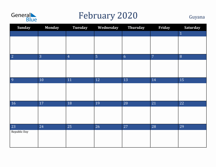 February 2020 Guyana Calendar (Sunday Start)