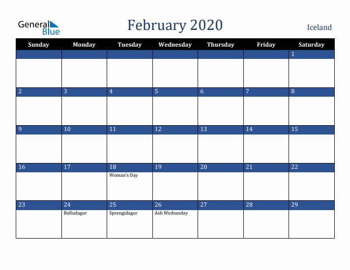 February 2020 Iceland Calendar (Sunday Start)