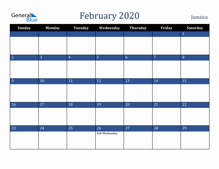 February 2020 Jamaica Calendar (Sunday Start)
