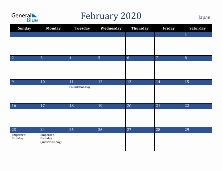 February 2020 Japan Calendar (Sunday Start)