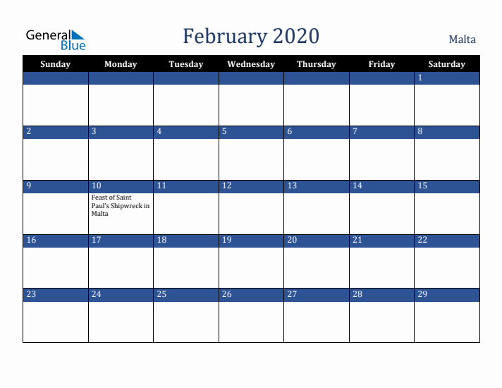 February 2020 Malta Calendar (Sunday Start)