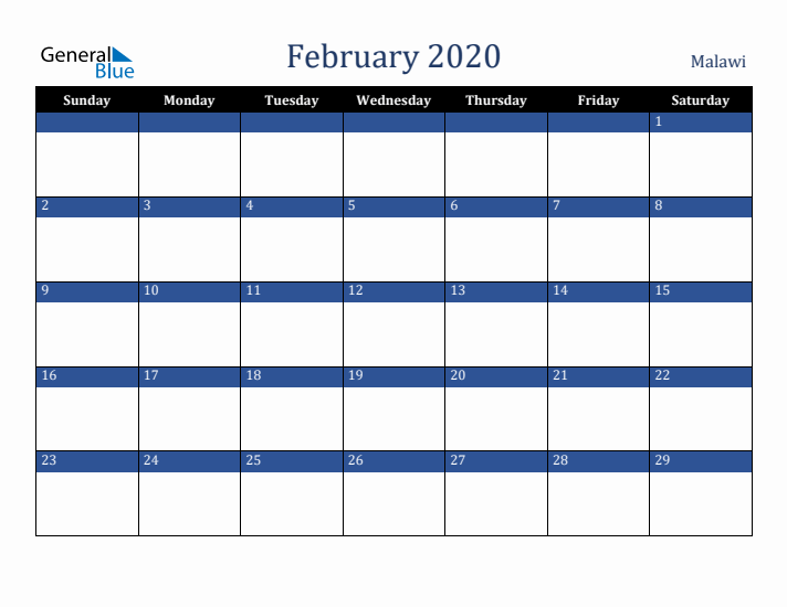 February 2020 Malawi Calendar (Sunday Start)