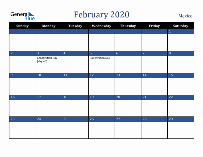 February 2020 Mexico Calendar (Sunday Start)