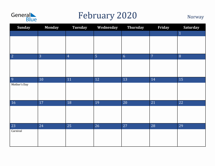 February 2020 Norway Calendar (Sunday Start)