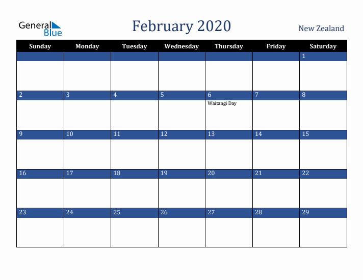 February 2020 New Zealand Calendar (Sunday Start)