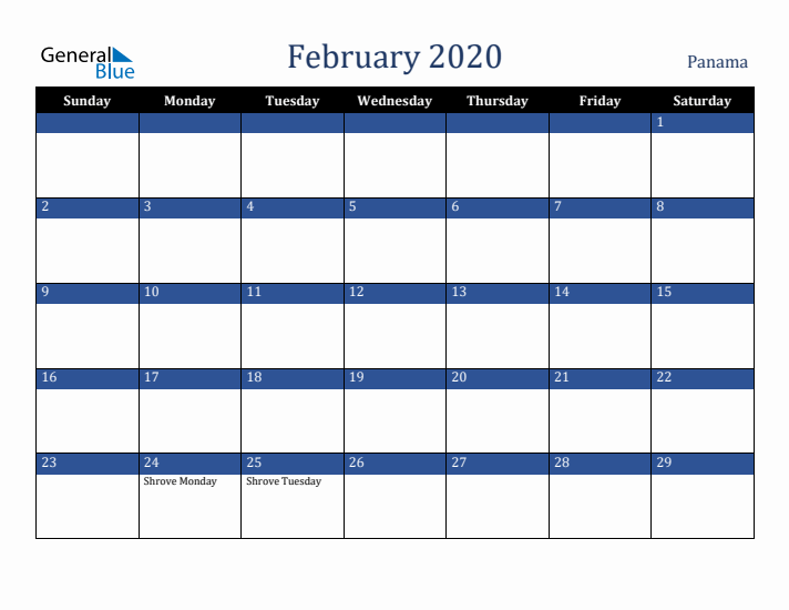 February 2020 Panama Calendar (Sunday Start)