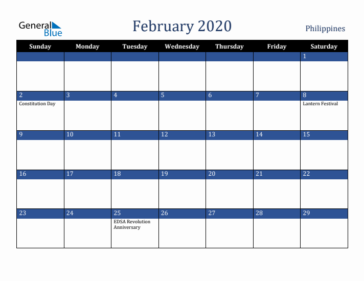 February 2020 Philippines Calendar (Sunday Start)