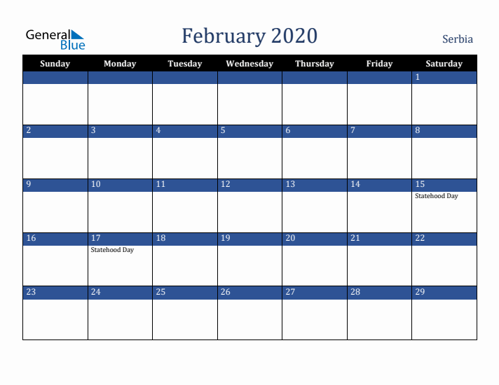February 2020 Serbia Calendar (Sunday Start)