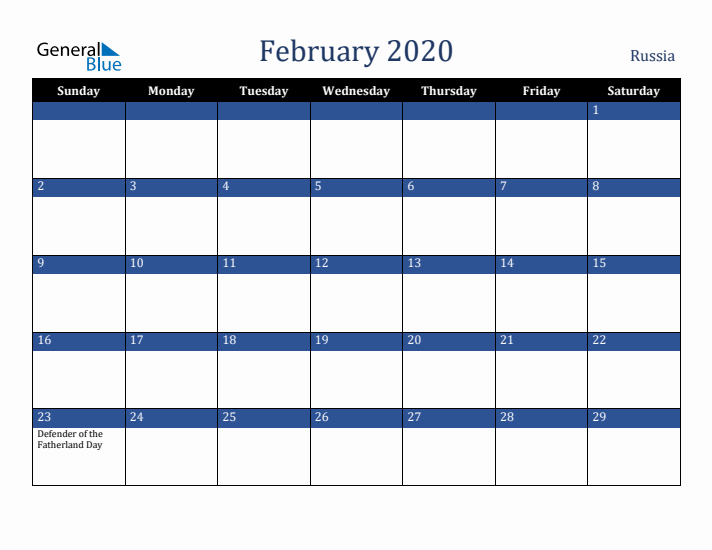 February 2020 Russia Calendar (Sunday Start)