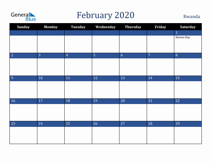February 2020 Rwanda Calendar (Sunday Start)