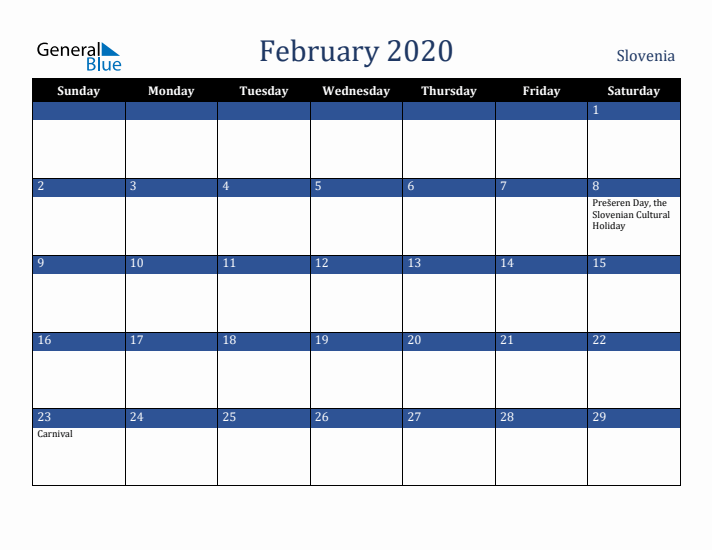 February 2020 Slovenia Calendar (Sunday Start)