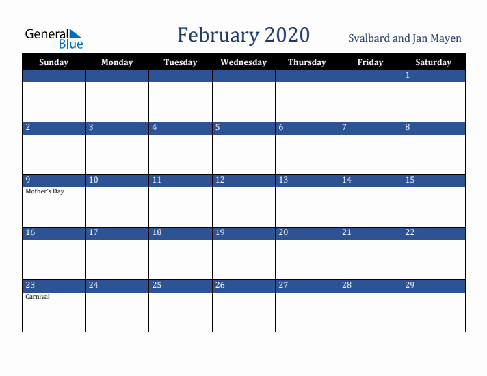 February 2020 Svalbard and Jan Mayen Calendar (Sunday Start)