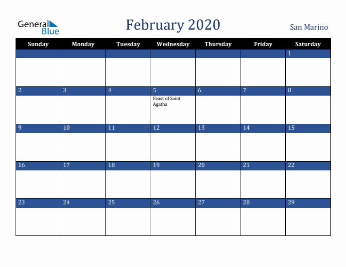 February 2020 San Marino Calendar (Sunday Start)