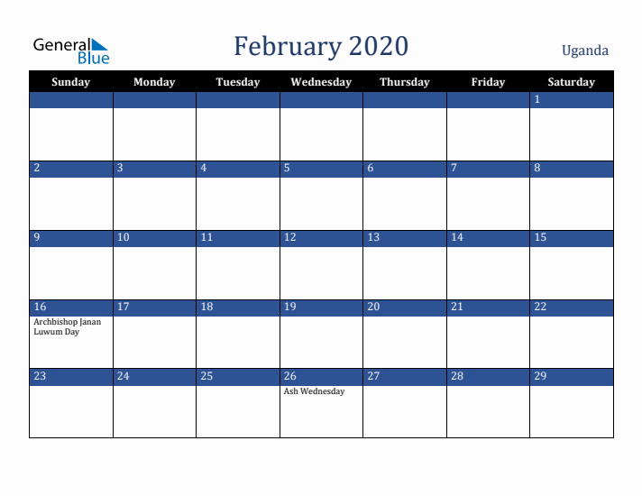 February 2020 Uganda Calendar (Sunday Start)
