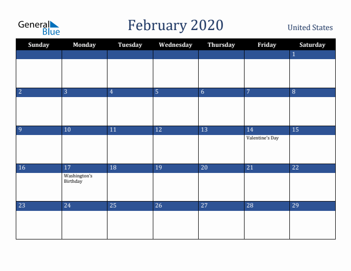 February 2020 United States Calendar (Sunday Start)