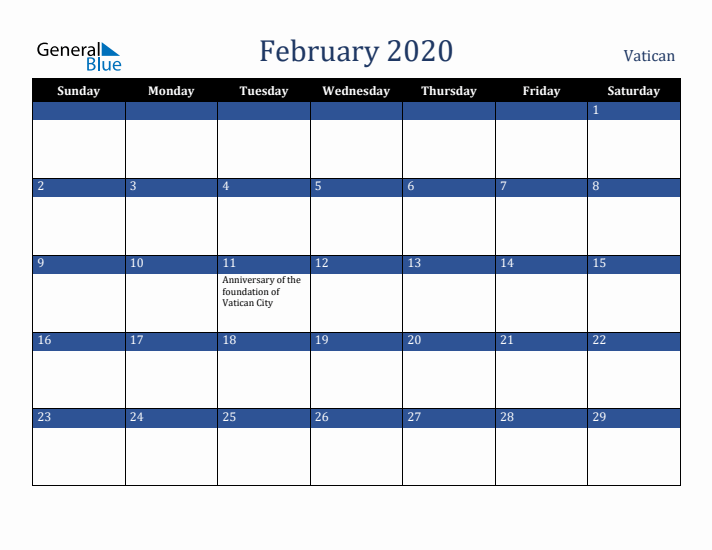 February 2020 Vatican Calendar (Sunday Start)