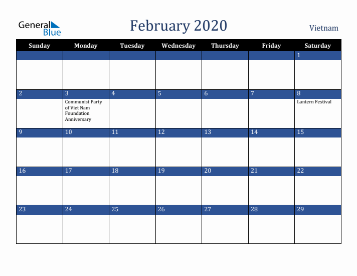 February 2020 Vietnam Calendar (Sunday Start)