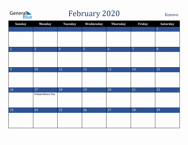 February 2020 Kosovo Calendar (Sunday Start)
