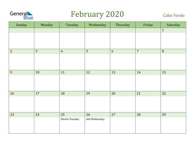 February 2020 Calendar with Cabo Verde Holidays