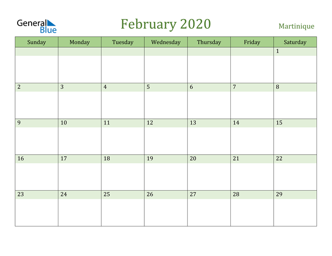 February 2020 Calendar with Martinique Holidays