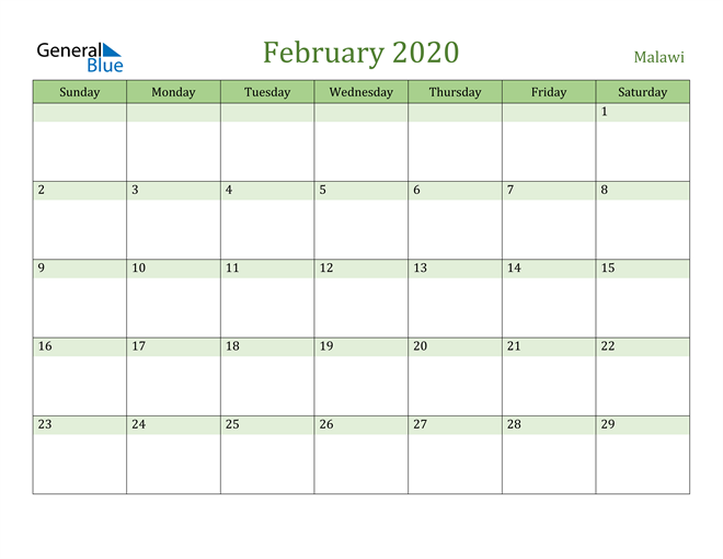 February 2020 Calendar with Malawi Holidays