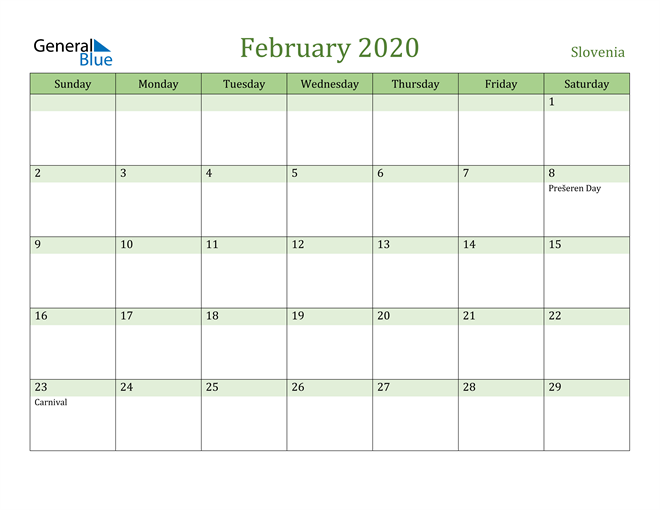February 2020 Calendar with Slovenia Holidays