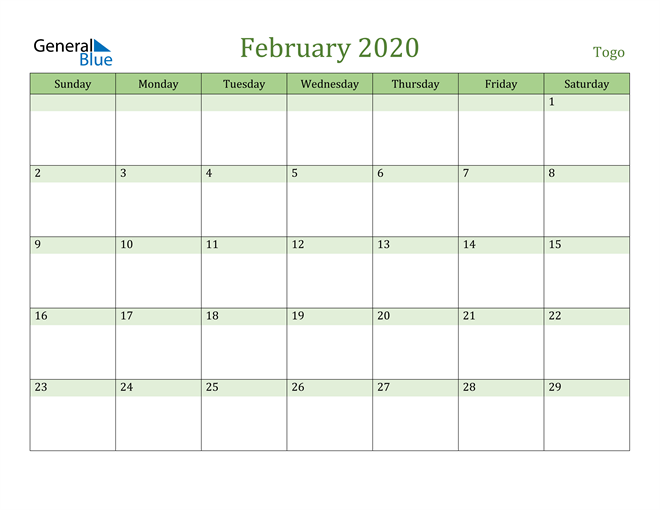 February 2020 Calendar with Togo Holidays