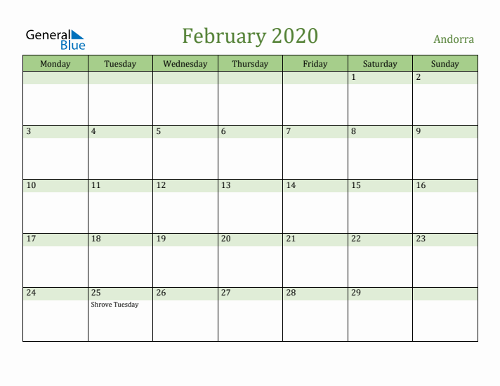 February 2020 Calendar with Andorra Holidays