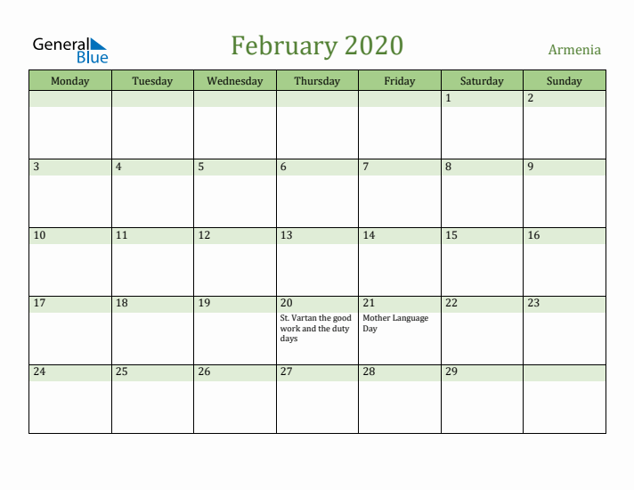 February 2020 Calendar with Armenia Holidays