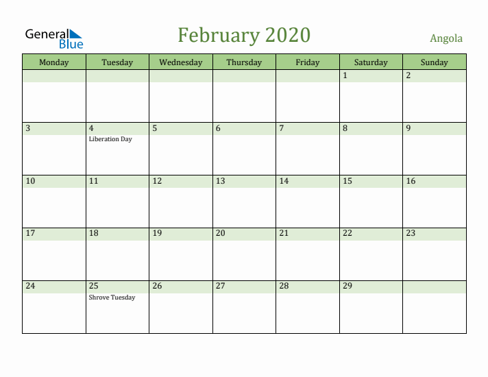 February 2020 Calendar with Angola Holidays