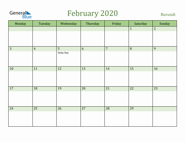 February 2020 Calendar with Burundi Holidays