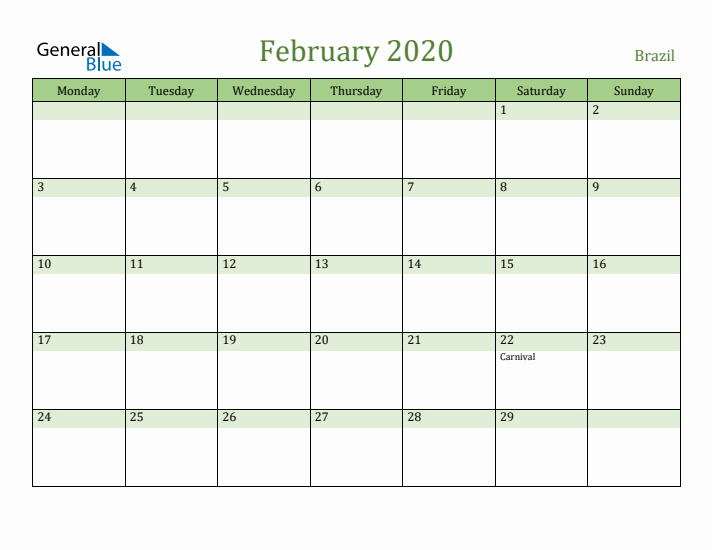 February 2020 Calendar with Brazil Holidays