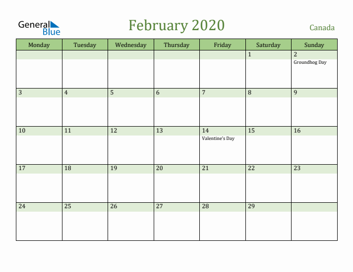 February 2020 Calendar with Canada Holidays