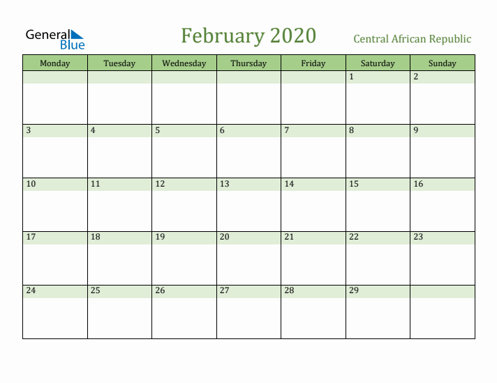 February 2020 Calendar with Central African Republic Holidays