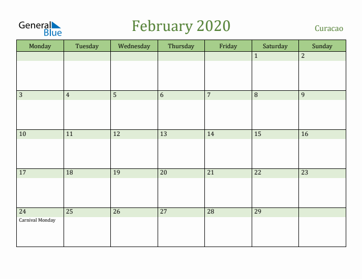 February 2020 Calendar with Curacao Holidays