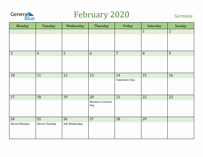 February 2020 Calendar with Germany Holidays