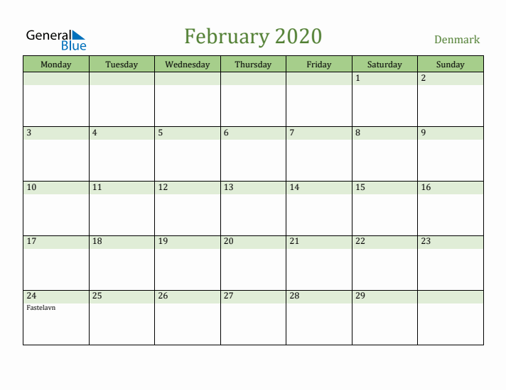 February 2020 Calendar with Denmark Holidays