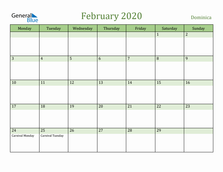 February 2020 Calendar with Dominica Holidays