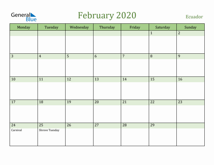February 2020 Calendar with Ecuador Holidays