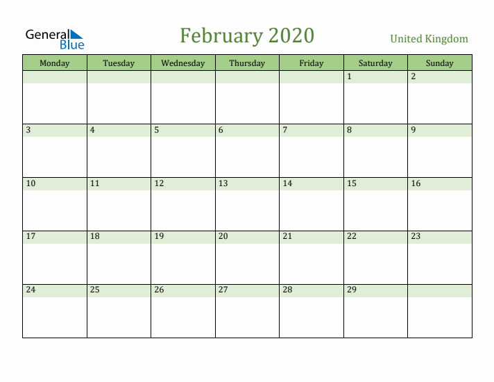 February 2020 Calendar with United Kingdom Holidays